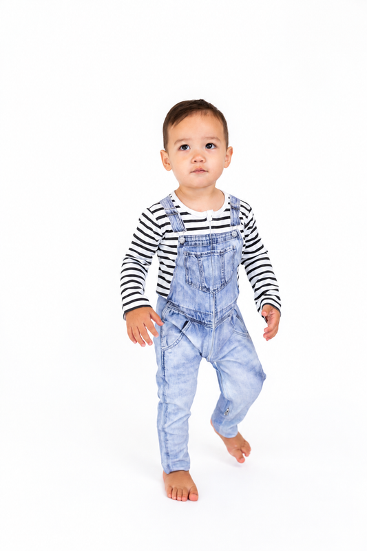 Sebastian One Piece Printed Denim Overall in Black Stripe