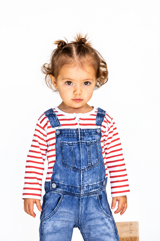 Sebastian One Piece Printed Denim Overall in Cherry Stripe